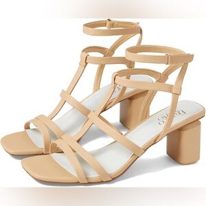 Franco Sarto Laina Strappy Heeled Sandals Beige Nude Faux Leather Sz 11